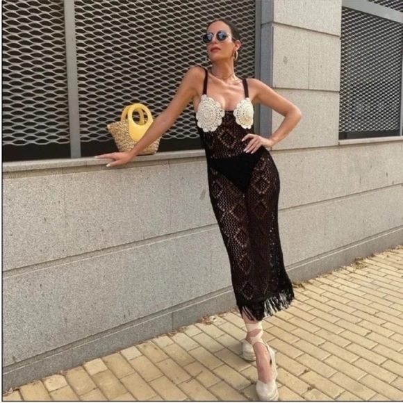 Zara Knit Flapper Midi Dress Black White Flower - Picture 2 of 10